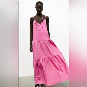 ZARA Maxi Tiered Flowy Boho Pink  Dress